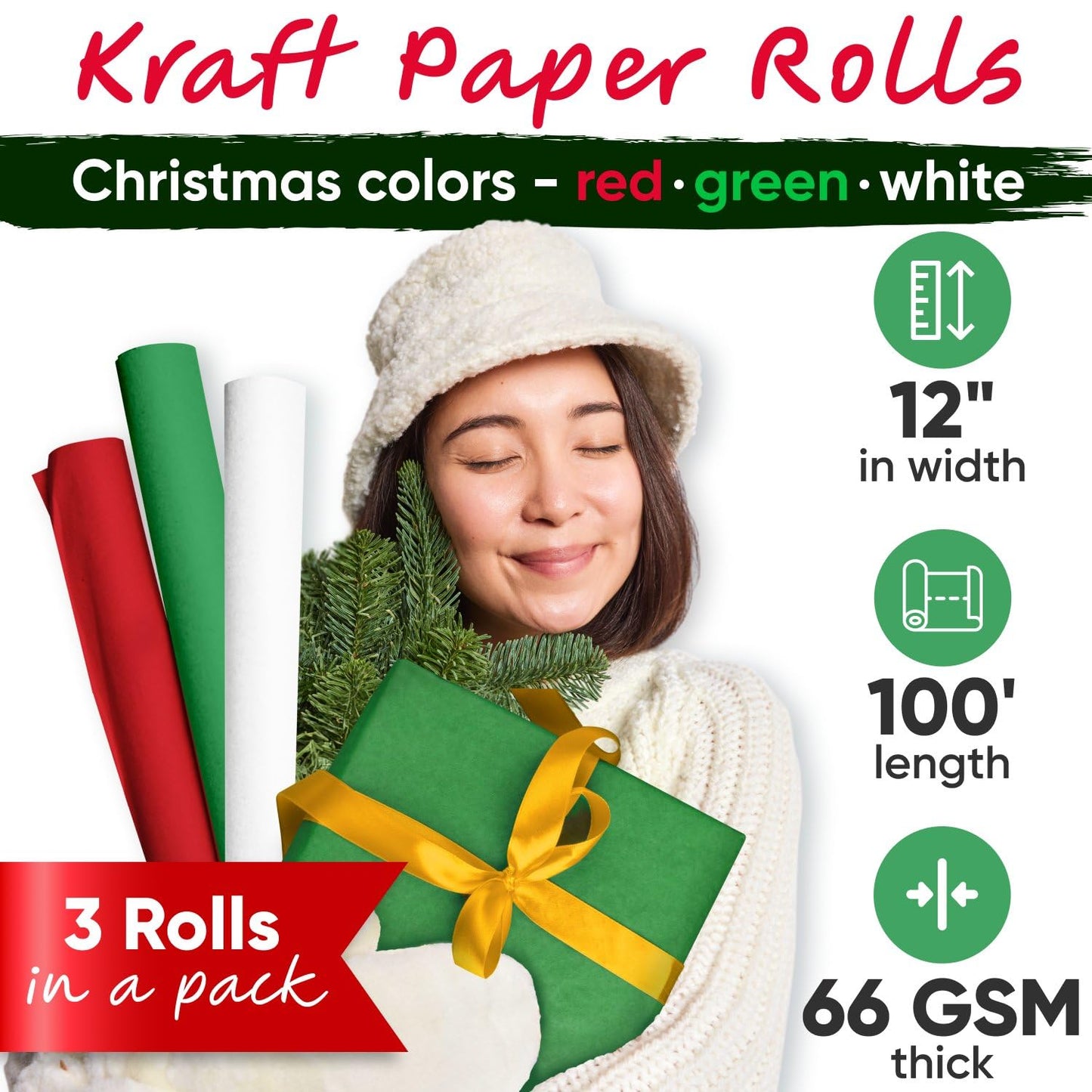 Paclord 12" x 1200" (100 ft) Red, Green, White Christmas Kraft Paper Set, 3 Rolls, 45 lbs - Made in USA Christmas Art Colored Paper, Gift Wrapping