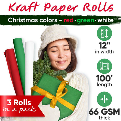 Paclord 12" x 1200" (100 ft) Red, Green, White Christmas Kraft Paper Set, 3 Rolls, 45 lbs - Made in USA Christmas Art Colored Paper, Gift Wrapping
