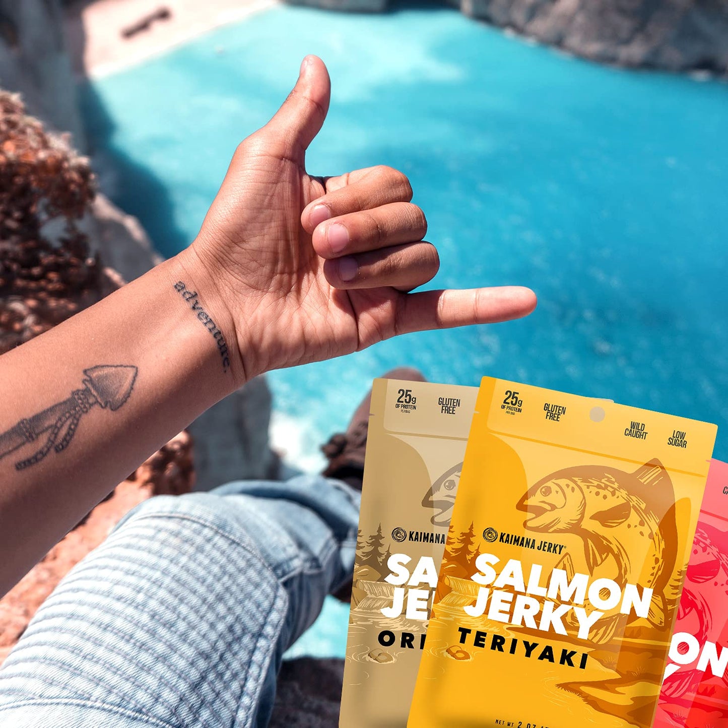 Kaimana Jerky Wild Caught Salmon Jerky - Organic Gourmet Smoked Dried Fish Strips Rich in Omega-3 & Protein - Low-Calorie Seafood Snack with No Gluten, Less Sodium & Sugar - Original Flavor - 3/2oz Pack