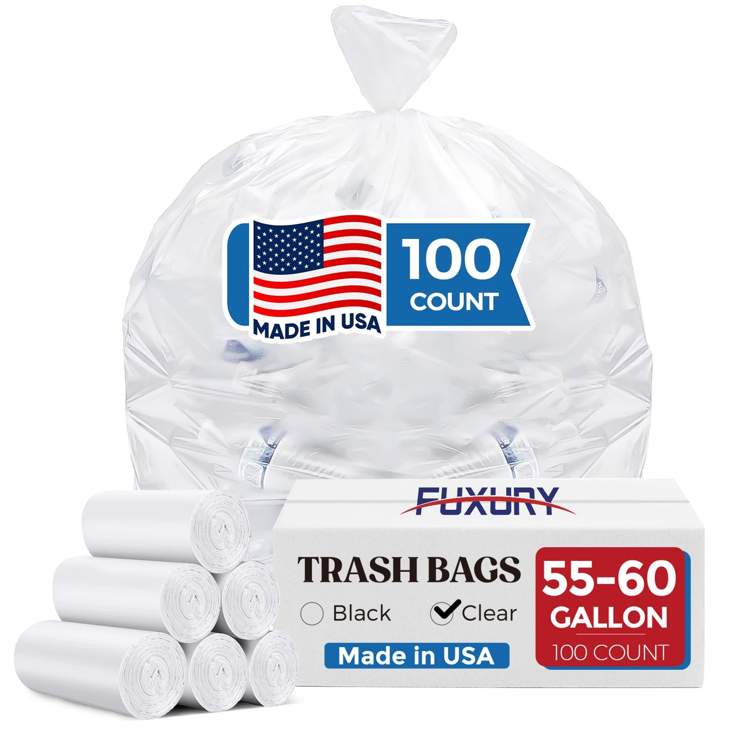 Fuxury 55-60 Gallon Heavy Duty Trash Bags, 100 Count Clear Garbage Bags, 23 Mic Thick, 38x58 in, Star-Seal Bottom, Plastic Bags Ideal for Home, Yard & Commercial Use, Made in USA