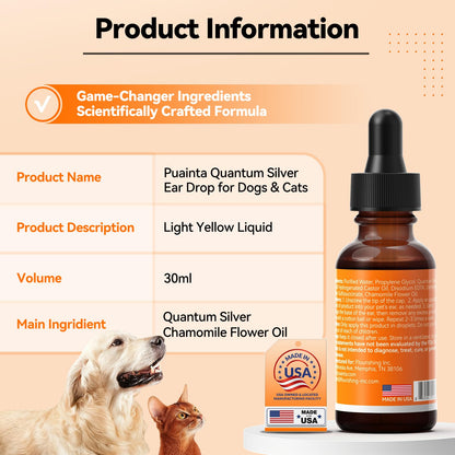 PUAINTA Dog Ear Drops with Finger Cots, Natural Dog Ear Cleaner and Infection Treatment, Quantum Silver Dog Ear Cleaning Solution for Itching, Irritation & Wax Build-Up,1oz