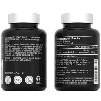 Vitamin K2 Capsules 100 mcg - Vitamin K Complex MK-7 & MK-4-60 Capsules - VIT K2 2 in 1 Formula High Strength Supplement MK7 MK4 - Made in USA - Vegan & Non-GMO