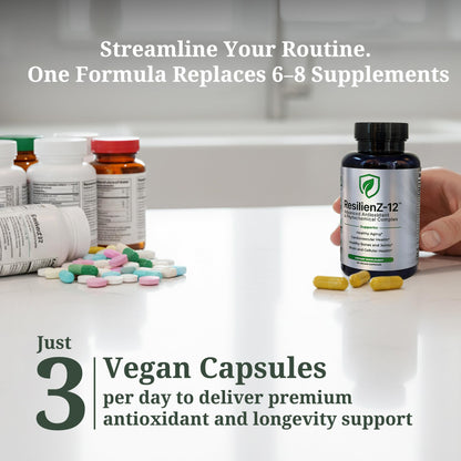 ResilienZ-12 Healthy Aging & Cellular Health – 12-in-1 Longevity Antioxidant Complex w/Meriva Curcumin Phytosome, Sulforaphane, CoQ10, EGCG, Resveratrol, Quercetin, Tocotrienols & Astaxanthin