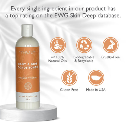 SoCal Suds & Company - Organic Baby & Kids Conditioner - Moisture Baby Hair Conditioner - Gentle Natural Vitamin Rich Ingredient Organic Oils for Babies and Kids Sensitive Scalp - Orange Vanilla 12oz