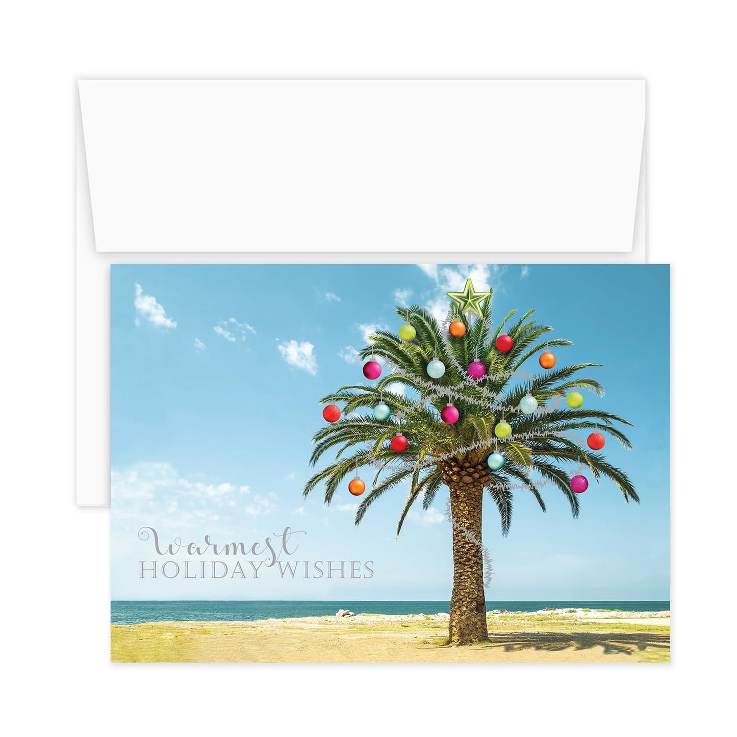 Canopy Street Masterpiece Decorated Palm Cards / 16 Tropical Beach Holiday Card Set With White Envelopes / 5 5/8" x 7 7/8" Warm Weather Coastal Vacation Greeting Cards With Inside Verse