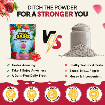 WILD GAINZ Creatine Monohydrate Gummies for Men & Women 5000mg - Sugar-Free Strawberry Flavor, Vegan, Non-GMO, Gluten-Free. Supports Muscle Growth, Strength & Focus. Made in USA - 120 Chews