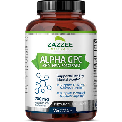 Zazzee Extra Strength Alpha GPC Choline, 700 mg per Serving, 75 Vegan Capsules, 100% Pure Pharmaceutical Grade, 100% Vegetarian, Standardized for Potency and Purity, All-Natural and Non-GMO