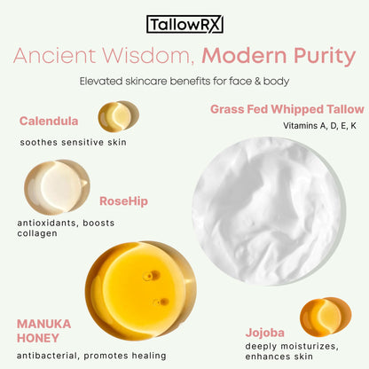 TALLOWRX 100% Organic 4 OZ Whipped Beef Tallow and Honey Balm Tallow and Honey Balm - Beef Tallow for Face - Tallow and Honey Balm For Face - Beef Tallow Skin Care - VANILLA SCENTED