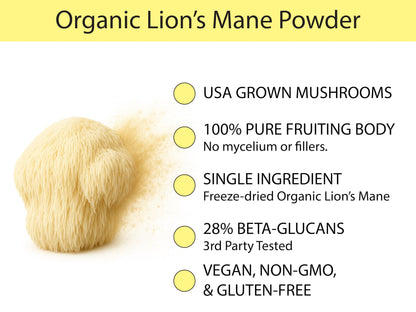 KOYAH - Organic USA Lion's Mane Mushroom Powder - 80 Servings - 100% Fruiting Body, Freeze-Dried, 3rd Party Tested for Beta-Glucans, Non-GMO, Vegan. Brain & Nerve Support. Immune Support.