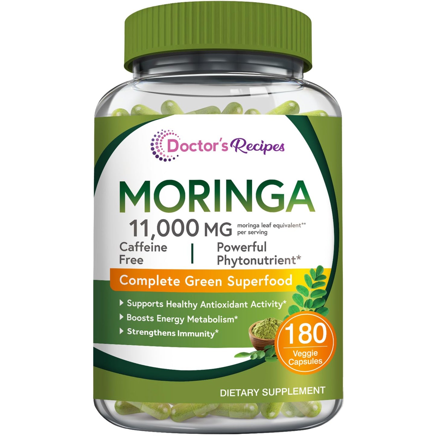 Doctor's Recipes Moringa 11,000 mg Strength, Complete Green Superfood, Natural Antioxidant Support, Non-GMO, 180 Vegan Caps, No Caffeine Soy Gluten