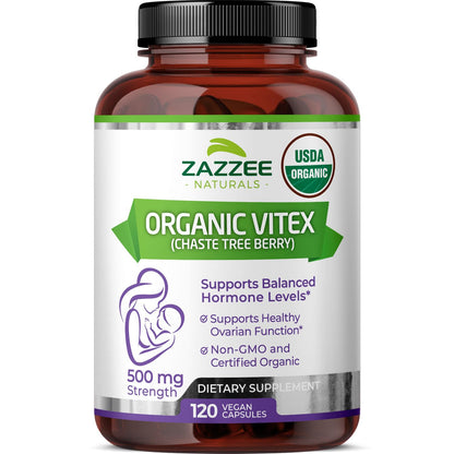 Zazzee USDA Organic Vitex, 500 mg Strength, 120 Vegan Capsules, 4 Month Supply, Standardized and Concentrated 4X Extract, Whole USDA Certified Organic Chaste Berry, All-Natural and Non-GMO