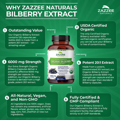 Zazzee USDA Organic Bilberry 20:1 Extract, 6000 mg Strength, 120 Vegan Capsules, 4 Month Supply, Standardized and Concentrated 20X Extract, 100% Vegetarian, All-Natural, Non-GMO, Made in The USA
