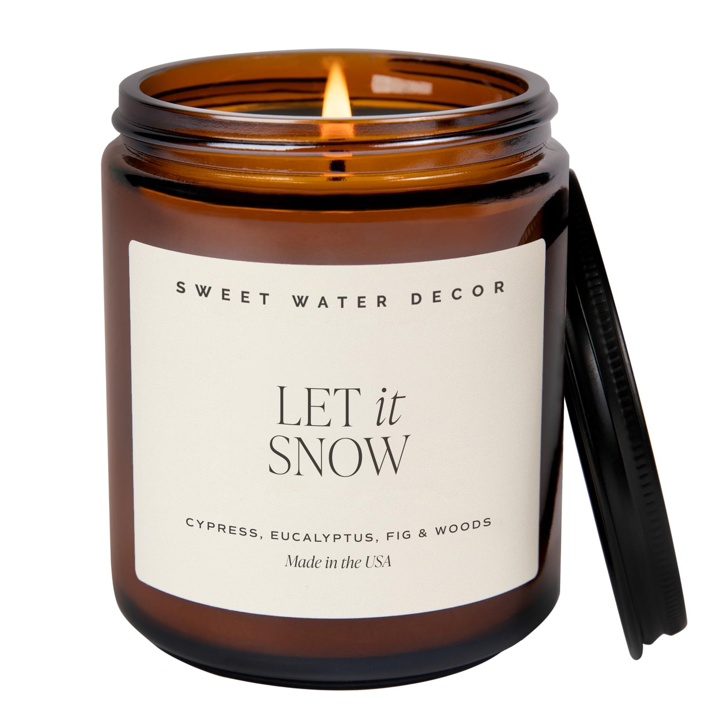 Sweet Water Decor Let it Snow Christmas Scented Candles - Christmas Stocking Stuffers Soy Candles with Cypress Scent - Christmas Candles with 40 Hours Burn Time - 9Oz Black Lid Amber Jar Wax Candles