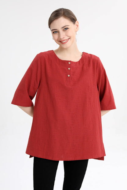 Minibee Women's 3/4 Sleeve Cotton Linen Jacquard Blouses Top T-Shirt(3XL, Red)