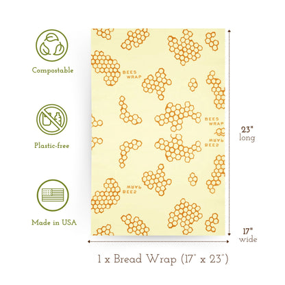 Bee's Wrap Reusable Beeswax Food Wraps Made in the USA, Eco Friendly Beeswax, Sustainable Organic Cotton Wraps, XL Bread Wrap for Homemade Bread, Honeycomb