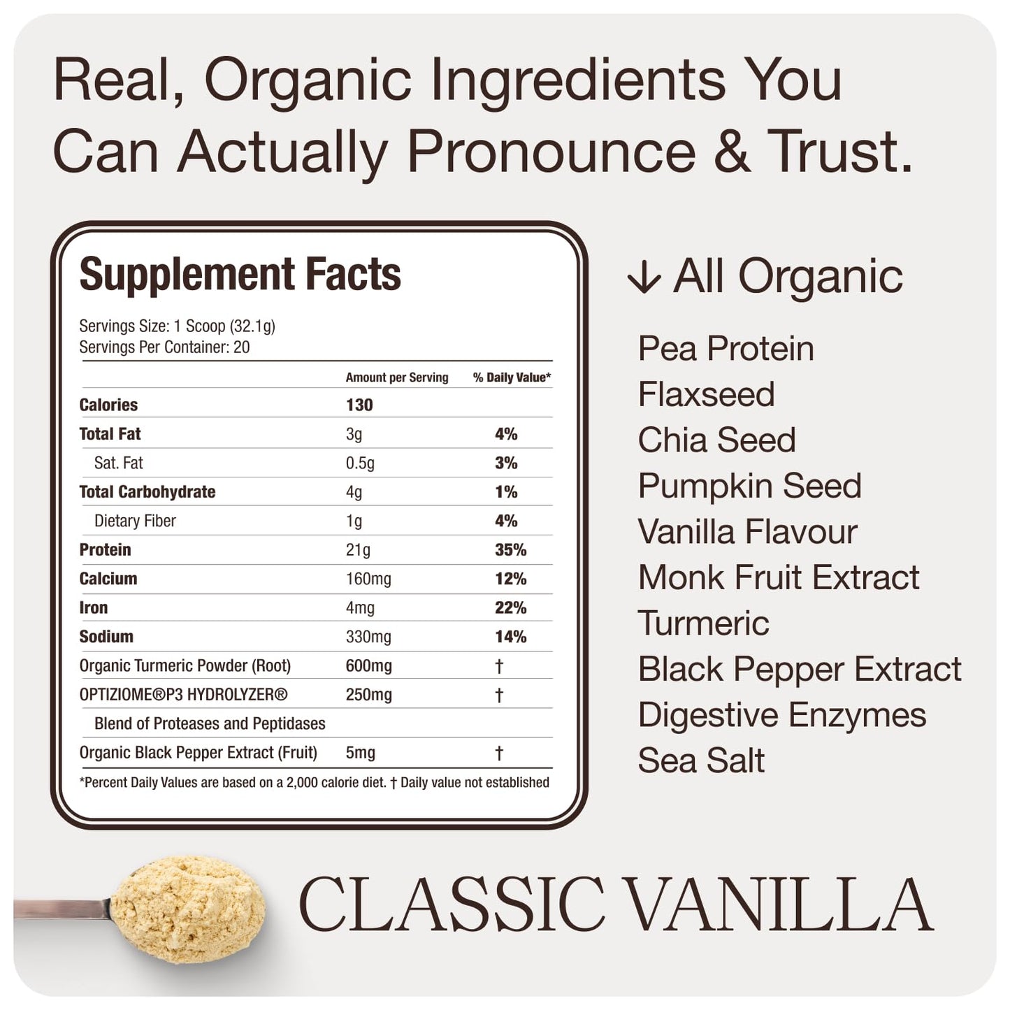 Get Golden Organic Classic Vanilla Protein Powder | 21g of Plant Based Protein Powder | Low Carb, Gluten Free, Dairy Free, No Added Sugar, Non-GMO | For Shakes & Smoothies (20 Servings, 1.4lb Bag)