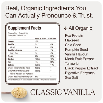 Get Golden Organic Classic Vanilla Protein Powder | 21g of Plant Based Protein Powder | Low Carb, Gluten Free, Dairy Free, No Added Sugar, Non-GMO | For Shakes & Smoothies (20 Servings, 1.4lb Bag)
