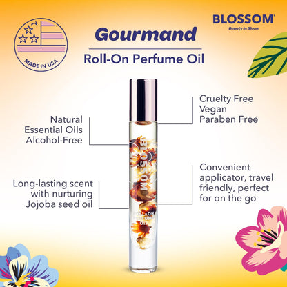 Blossom Roll on Perfume for Women Alcohol Free Gourmand Rollerball Perfume Oil with Essential Oils, Infused with Real Flowers, Made in USA, 0.20oz, (Honey, Vanilla Caramel, Sugar) Honey Crème Brulee