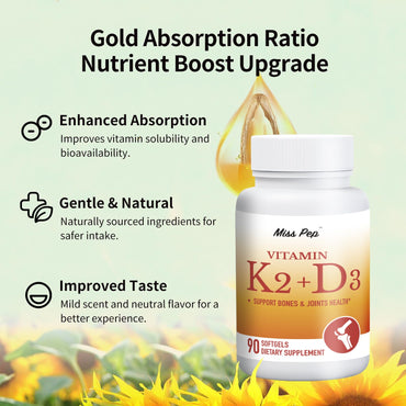 MISS PEP Vitamin D3 K2,5000 Iu D3 and 100 Mcg K2 (Mk-7),with Sunflower Oil Softgels,90 Softgels,2-in-1 Formula,Easy to Absorb and Swallow,Supports Immune Support (1 Bottle)