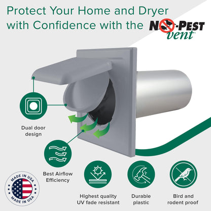 NO-PEST VENT, Exclusive Dual Door Dryer Vent Cover Outdoor 4 inch, Made in USA w Highest UV Resistant Plastic in any Outdoor Vent Cover (Slate Grey, 4 inch With 12" Duct Tube)
