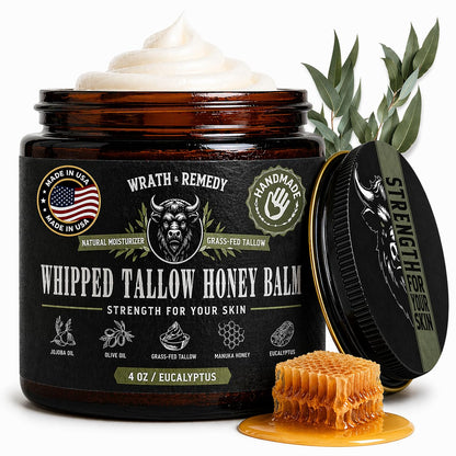 Organic Beef Tallow for Skin - 4 OZ (Eucalyptus) — US-Made Grass Fed Beef Tallow for Face + Body — Whipped Tallow and Honey Balm Moisturizer for Dry and Sensitive Skin, Eczema, Rosacea (No Additives)