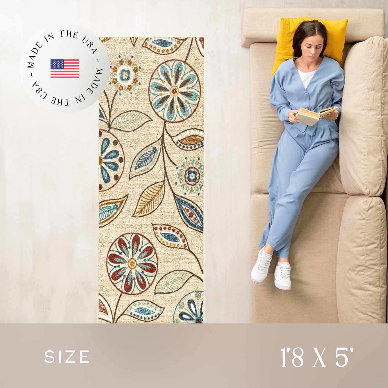 Maples Rugs Reggie Floral Runner Rug - Made in USA - Washable, Non Slip Indoor Carpet for Kitchen, Hallway, and Laundry Room, 1'8 x 5, Beige