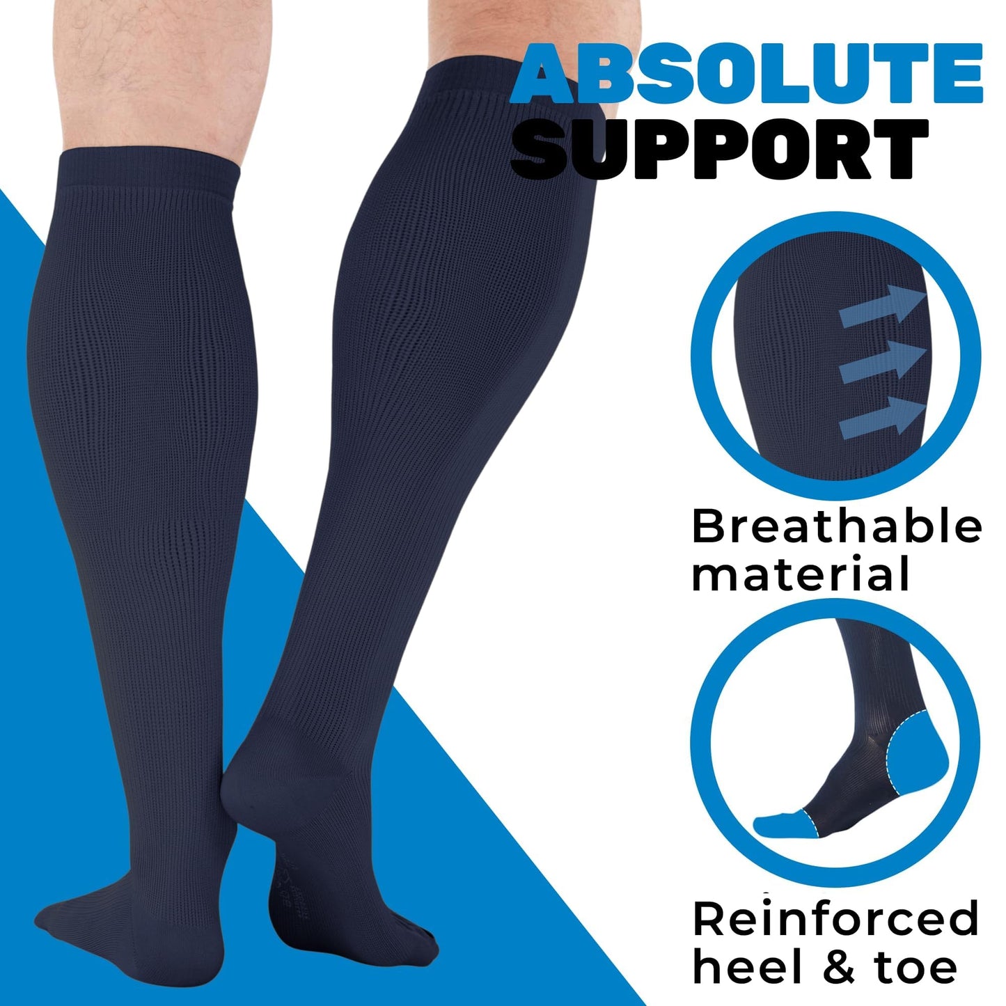 Made in USA - Compression Knee High Men 20-30mmHg - Mens Graduated Compression Stockings for Swelling, Lymphedema, Post Surgery - Navy, Medium - A104NV2