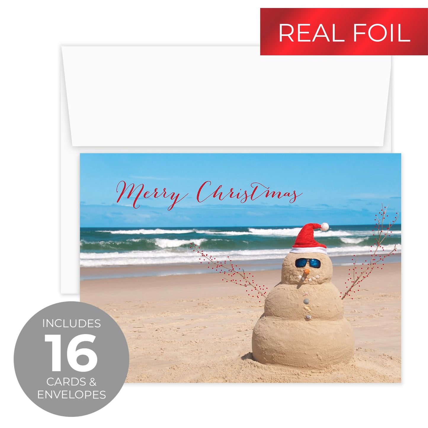 Canopy Street Masterpiece Beach Snowman Cards / 16 Merry Christmas Holiday Card Set With White Envelopes / 5 5/8" x 7 7/8" Winter Greeting Cards With Meaningful Inside Verse