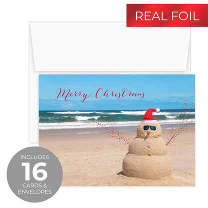 Canopy Street Masterpiece Beach Snowman Cards / 16 Merry Christmas Holiday Card Set With White Envelopes / 5 5/8" x 7 7/8" Winter Greeting Cards With Meaningful Inside Verse