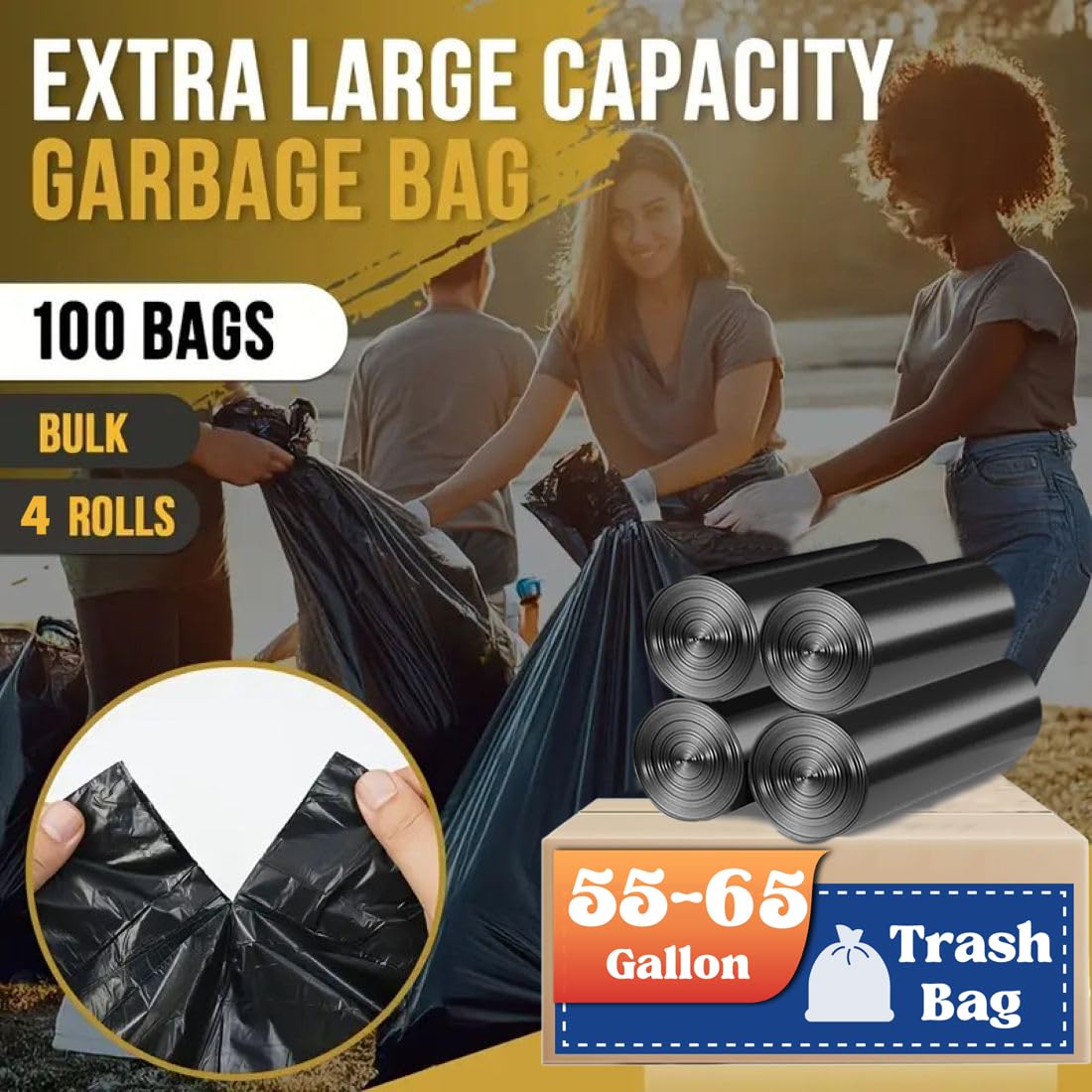55-60 Gallon Trash Bags, 100 Count High Density Garbage Bags, Recycling Trash Can Liners, Sturdy & Tear-Resistant Large Black Plastic Bag for Kitchen Yard Outdoor Commercial Use, Lawn Leaf Waste Bags