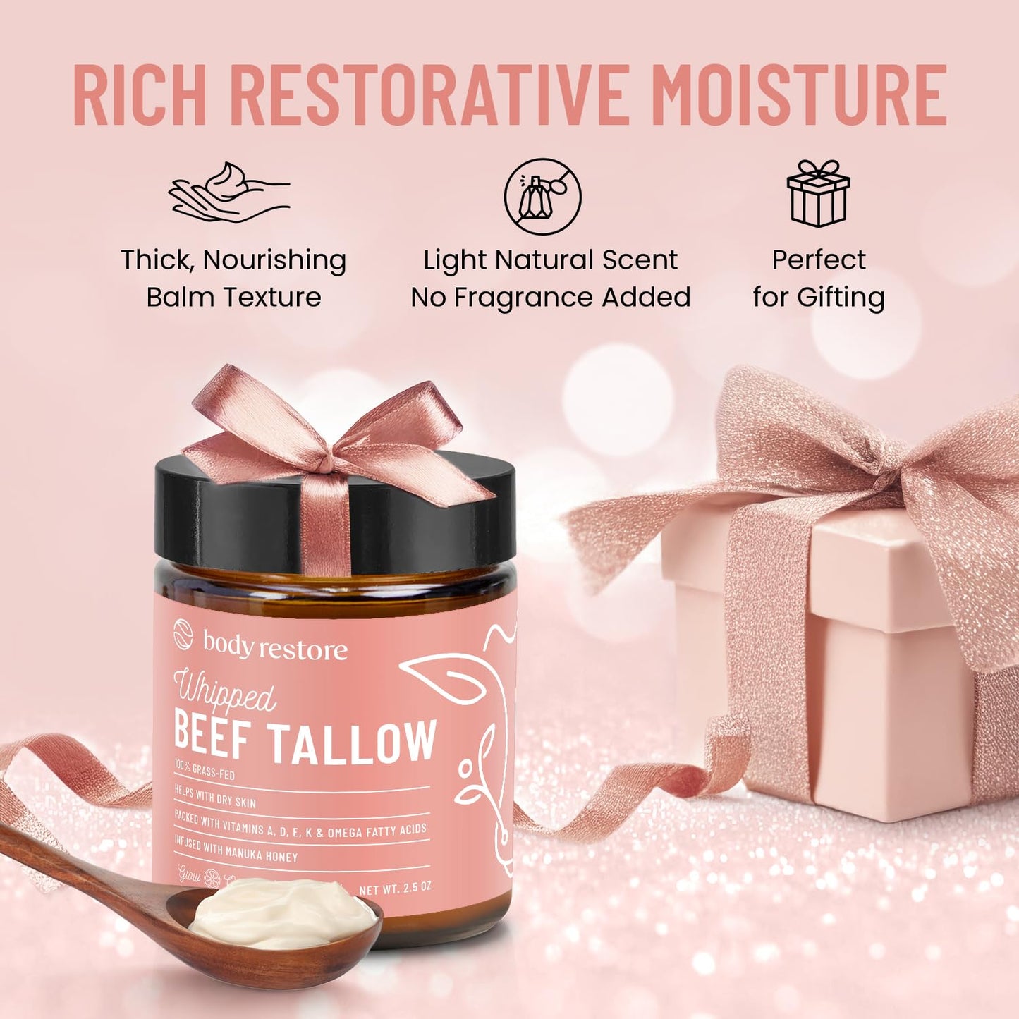 Body Restore Grass Fed Whipped Beef Tallow for Skin, Face, Body, Dry Skin - with Manuka Honey, Jojoba Oil, Birthday Gifts for Women, Men, Travel Essentials, Self Care - Citrus