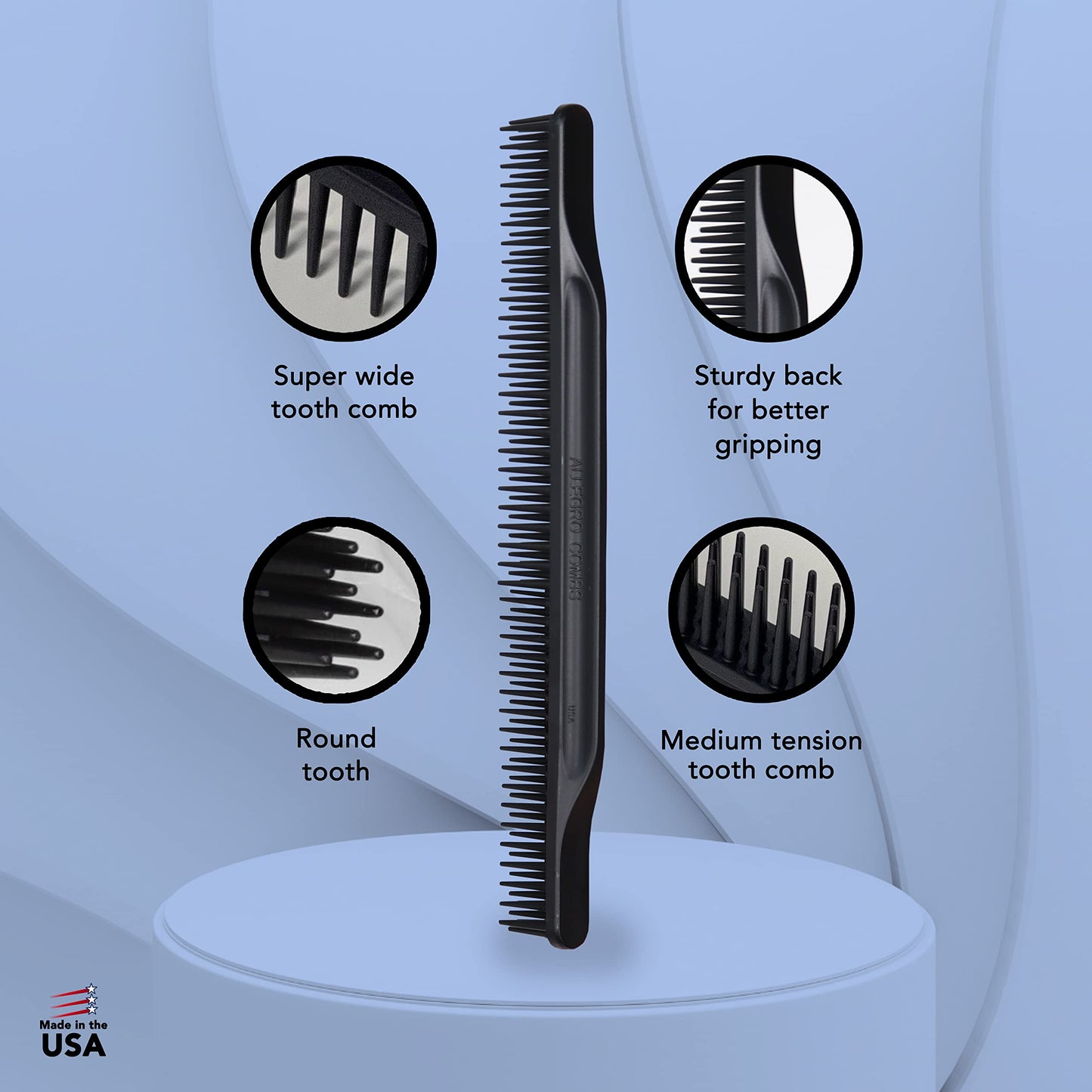 Allegro Combs 3-Row Detangling Comb #70 for Women's Curly Hair, Curl Defining, Wide Tooth, Made in USA, 1 Piece (Black)