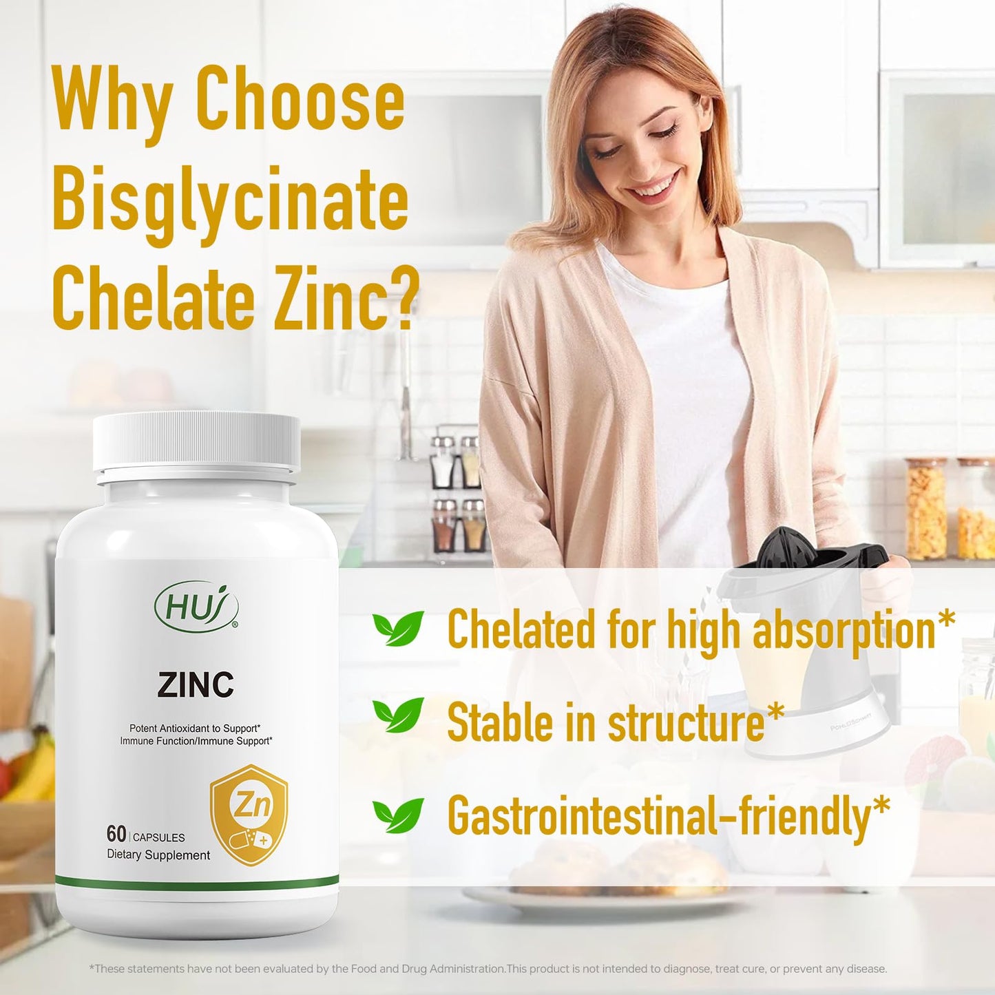HUJ Zinc, 60 Capsules, Potent Antioxidant for Immune Support