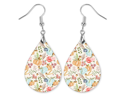 Fall Earrings for Women Autumn Thanksgiving Lightweight Teardrop Dangle Fun Colorful Statement Jewelry Handmade by the Painted Pug (Fall Floral Teal Pumpkin)