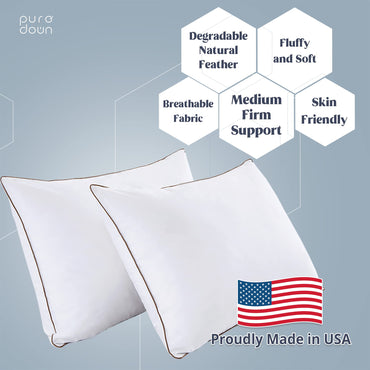 puredown® Goose Feathers and Down Pillows - Made in USA Pillow Soft & Fluffy Hotel Pillows Set of 2, 100% Cotton Cover, Luxury Feather Pillow for Back, Stomach or Side Sleepers