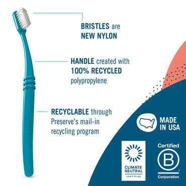 Preserve Eco Friendly Adult Toothbrushes, Made in The USA from Recycled Plastic, Lightweight Paper Packaging, Ultra Soft Bristles, Colors Vary, 3 Count