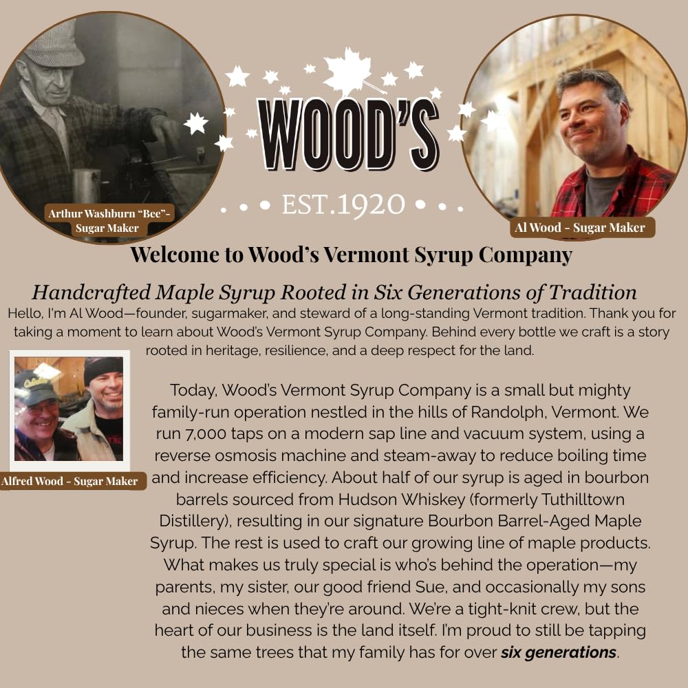 WOOD'S Vanilla Beaned Maple Syrup – Infused Vermont Maple Syrup with Real Vanilla Bean Pod | Smooth, Rich, All-Natural & Vegan Sweetener | Perfect for Breakfast, Baking, Seafood, Popcorn & More | 8.45 Fl Oz (250mL)