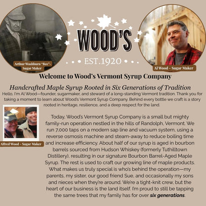 WOOD'S Vanilla Beaned Maple Syrup – Infused Vermont Maple Syrup with Real Vanilla Bean Pod | Smooth, Rich, All-Natural & Vegan Sweetener | Perfect for Breakfast, Baking, Seafood, Popcorn & More | 8.45 Fl Oz (250mL)
