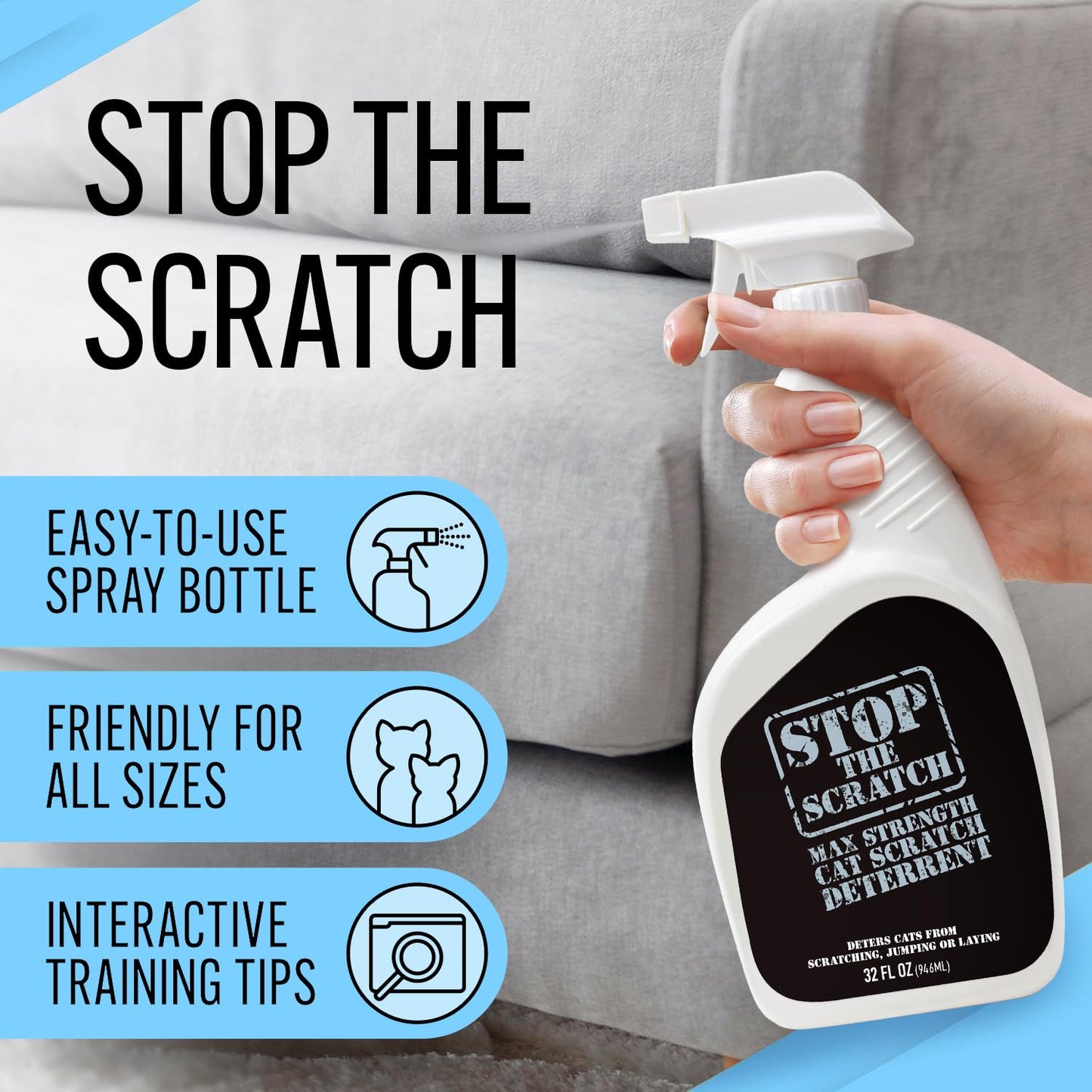 Emmy's Best EBPP Stop The Scratch Cat Spray Deterrent for Kittens and Cats 32oz - Non-Toxic, Safe for Plants, Furniture, Floors and More Cat Deterrent Spray with Rosemary Oil