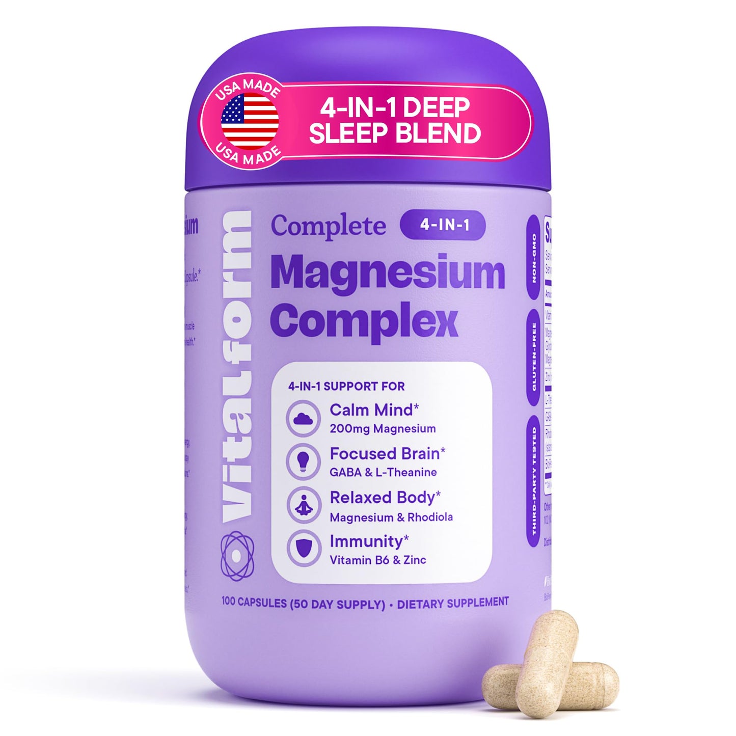 Magnesium Glycinate Sleep Complex – L-Theanine, GABA, Rhodiola, Zinc & B6 – Non-Melatonin Natural Sleep Support, Calm & Stress Relief – Vital Form – 200mg Magnesium – 100 Capsules