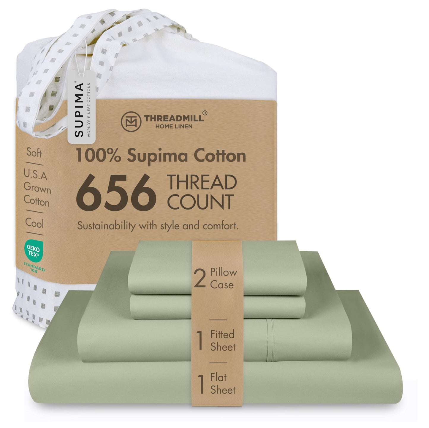 Threadmill Supima Cotton Sheets Queen | 656 Thread Count for Queen Mattress | 4 Piece Luxury Bed Sheets | Sateen Weave Hotel Quality with Elasticized Deep Pocket| Sage Green