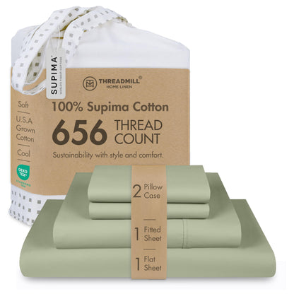 Threadmill Supima Cotton Sheets Queen | 656 Thread Count for Queen Mattress | 4 Piece Luxury Bed Sheets | Sateen Weave Hotel Quality with Elasticized Deep Pocket| Sage Green