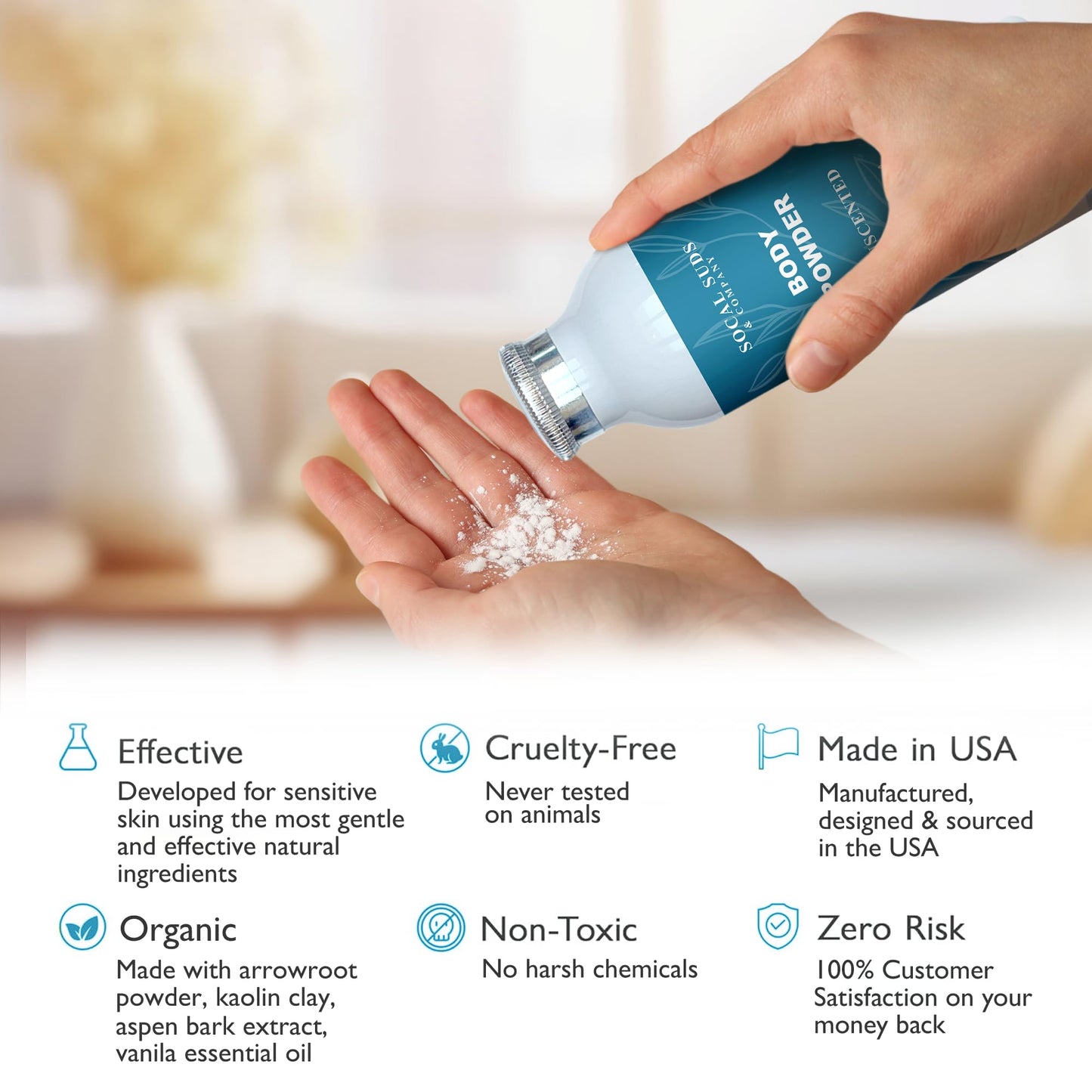 SoCal Suds & Company - Natural Body Powder Talc-Free - with Arrowroot Powder, Kaolin, Aspen Bark Extract for Soft Soothing Delicate Skin - Fragrance Free, 4oz, 1-Pack