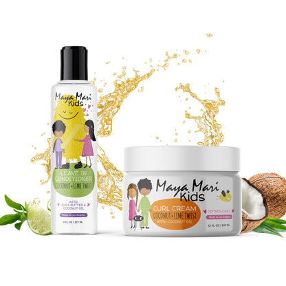 Maya Mari Kids Leave In Conditioner and Curl Cream | Hair Detangler and Smoothing Treatment Set | Curly Hair Products for Kids and Toddlers | Sulfate Free, Cruelty Free, and Made in USA
