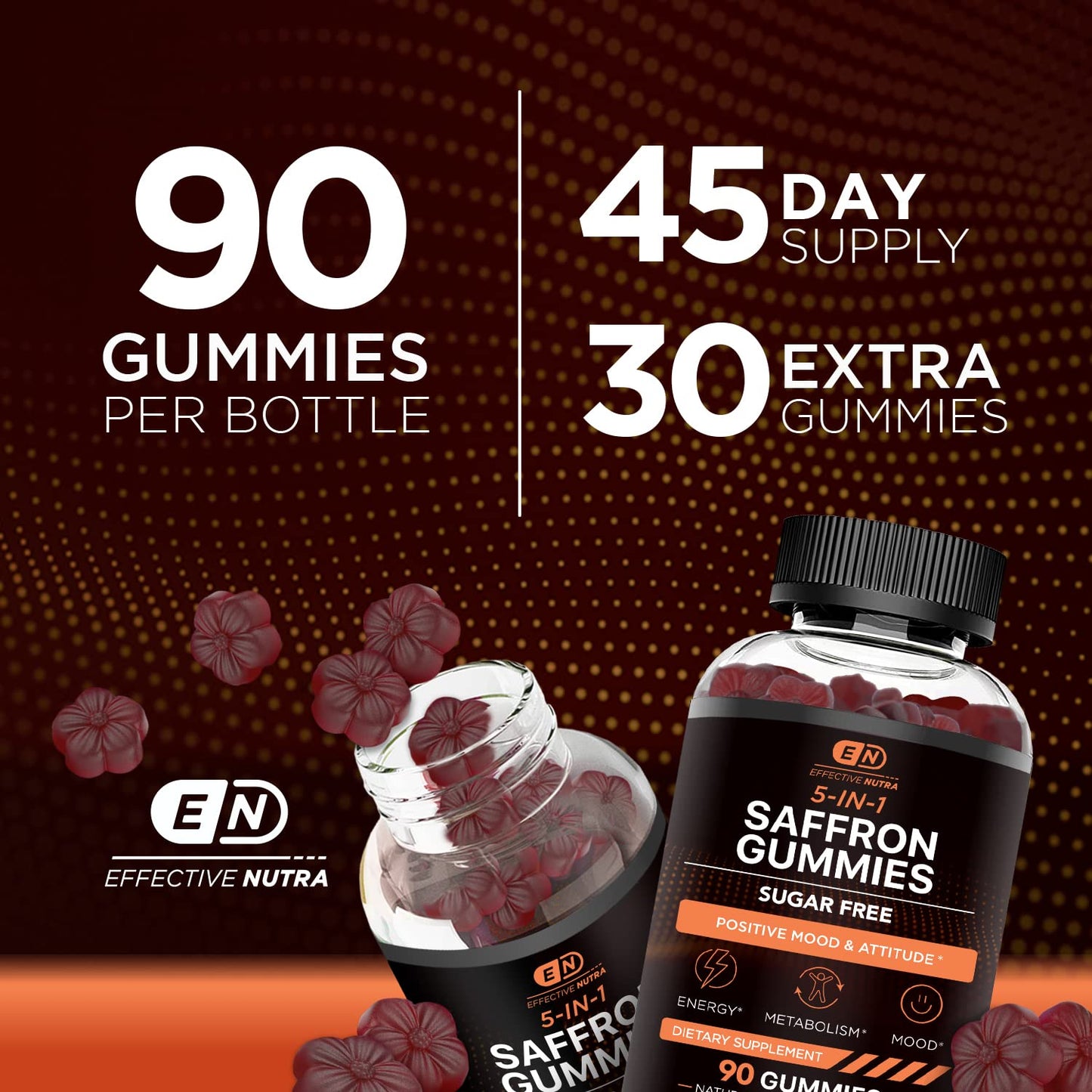 EFFECTIVE NUTRA Saffron Gummies | Sugar-Free Supplement with Vitamin D2, Passion Flower, St. John’s Wort & GABA | Positive Mood, Digestion, Energy | Natural Berry Flavor, Made in USA (90 Count)