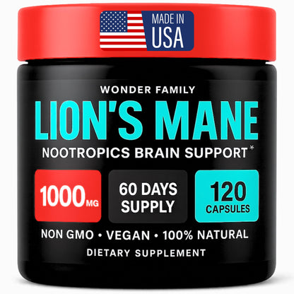 Lion’s Mane Supplement Capsules 1000mg – Nootropics Brain Support Supplement with Alpha GPC – Organic Mushroom Complex for Memory, Focus, Energy, Mood & Nerve Health – Melena de Leon Organico 120 Caps