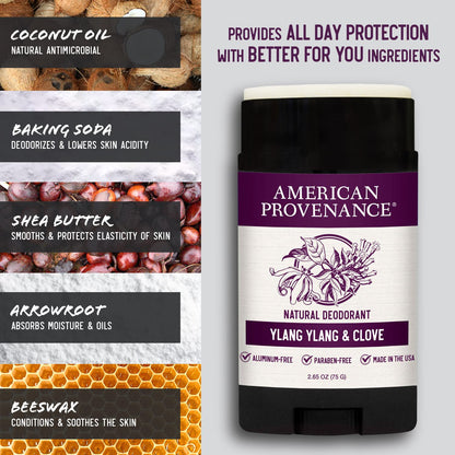 American Provenance Aluminum Free Natural Deodorant For Women and Men - Ylang Ylang and Clove - 24 Hour Odor Protection - Cruelty Free - Made in the USA (1 pack)