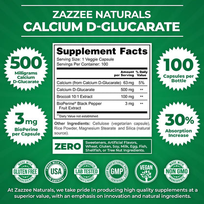 Zazzee High Absorption Calcium D-Glucarate, 500 mg per Capsule, 3 mg BioPerine for Enhanced Absorption, 100 Vegan Capsules, Plus Broccoli 10:1 Extract, 100% Vegetarian, CDG, All-Natural and Non-GMO