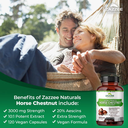 Zazzee Extra Strength Horse Chestnut 10:1 Extract, 3000 mg Strength, 20% Aescins, 4 Month Supply, 120 Vegan Capsules, Concentrated and Standardized 10X Extract, All-Natural, Non-GMO, Made in The USA