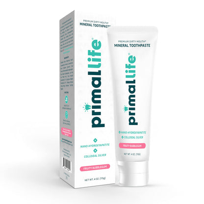 Primal Life Organics Premium Dirty Mouth Mineral Toothpaste - Nano-Hydroxyapatite, Colloidal Silver, Charcoal - Organic, All Natural Whitening Formula (Bubblegum Flavor, 4oz)